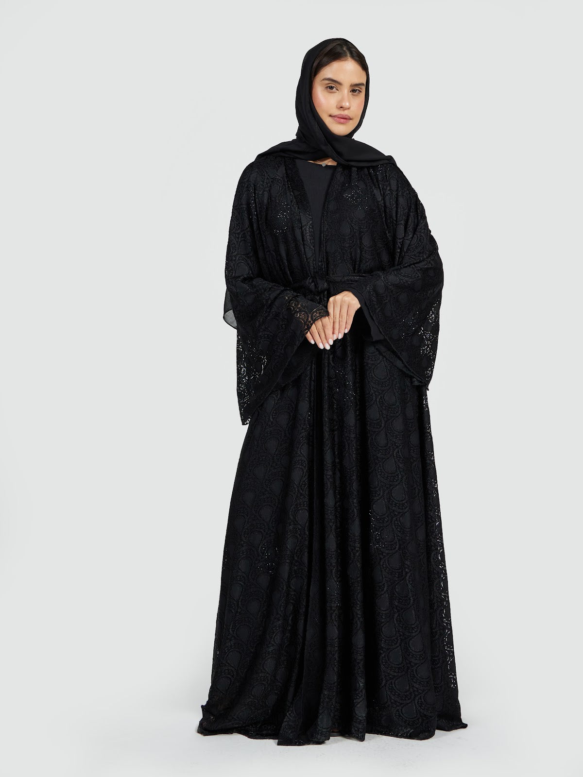 Luxury Black Lace Overlay Abaya with Scalloped Edging