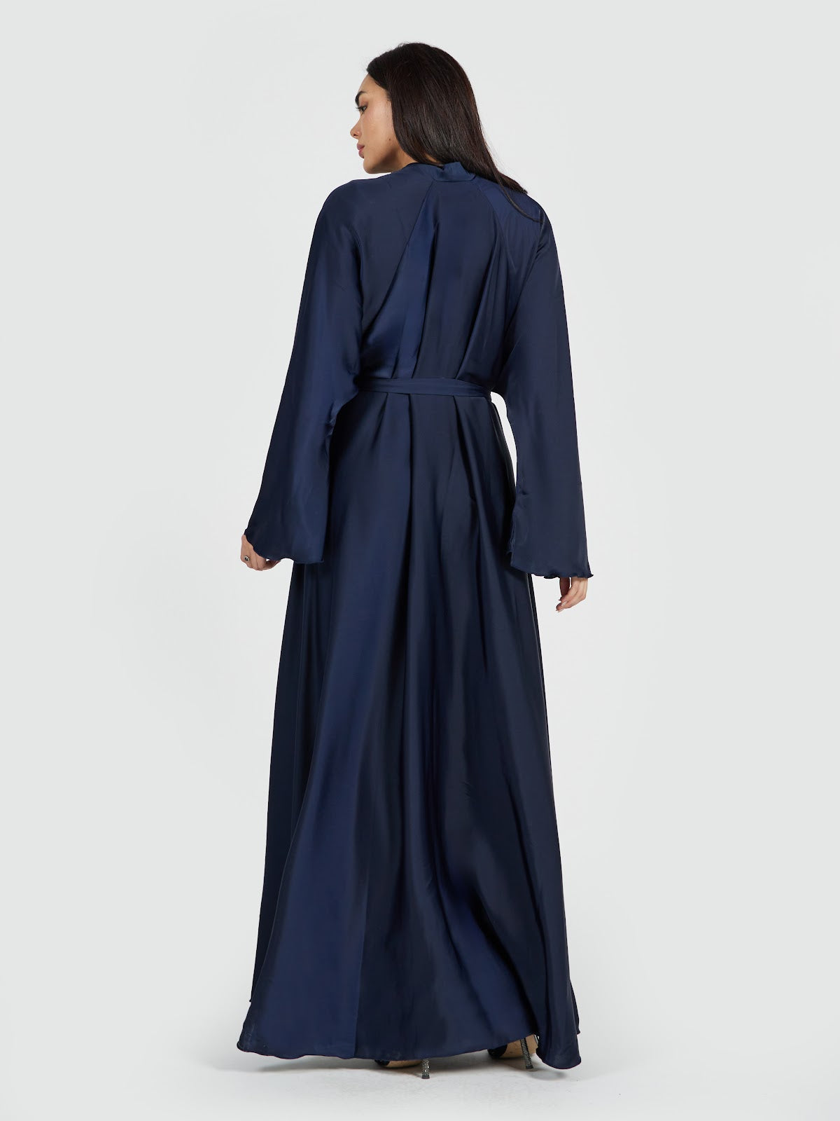 Royal Navy Blue Satin Abaya - Elegant Belted Evening Wrap Gown