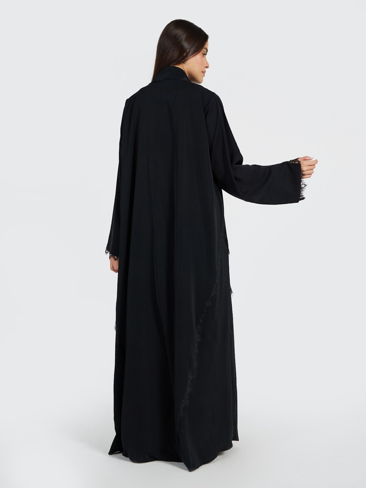 V-Neck Layered Abaya with Eyelash Lace Trim
