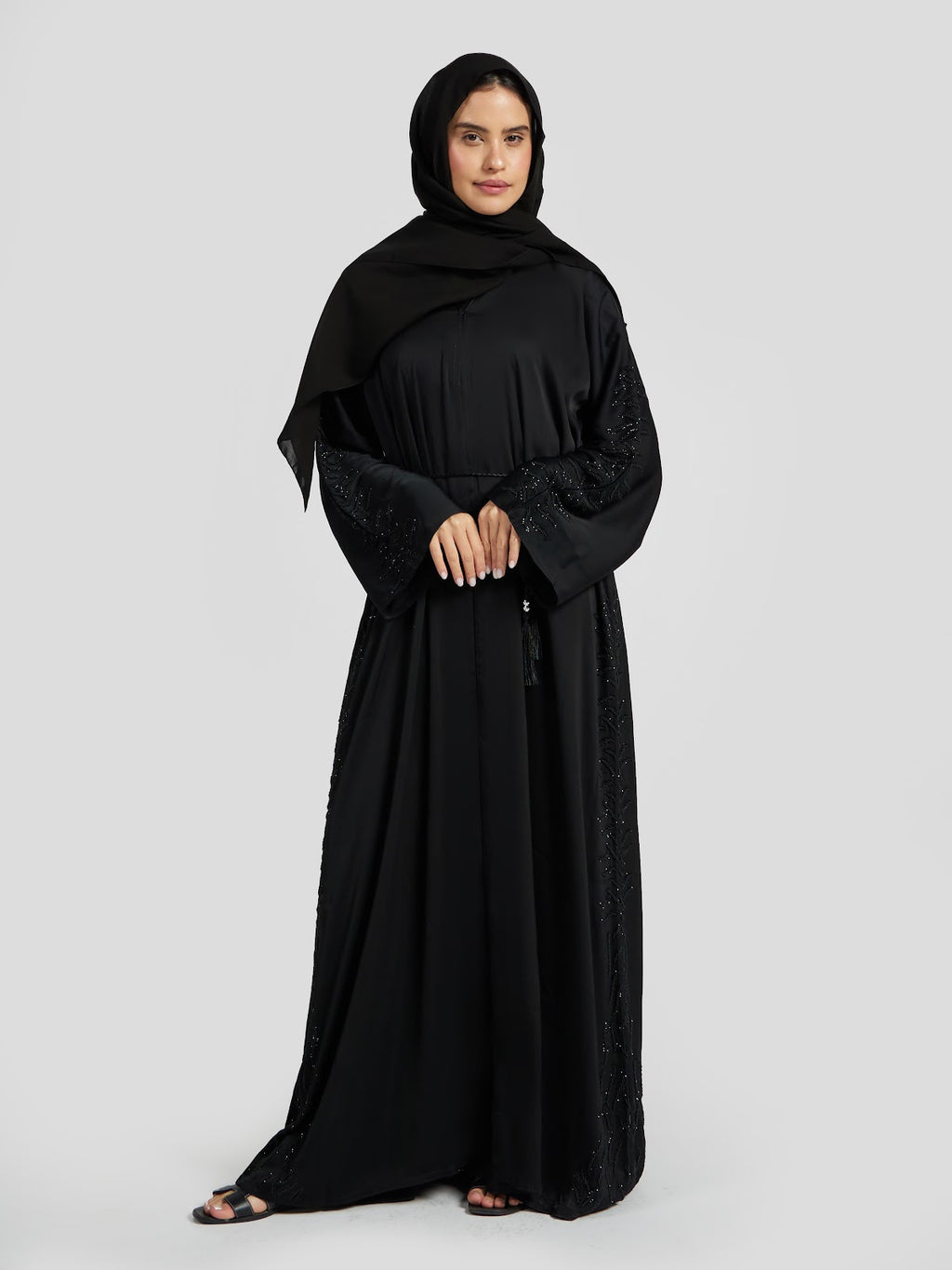Elegant Black Tone-on-Tone Beaded Abaya - Luxury Modest Evening Gown