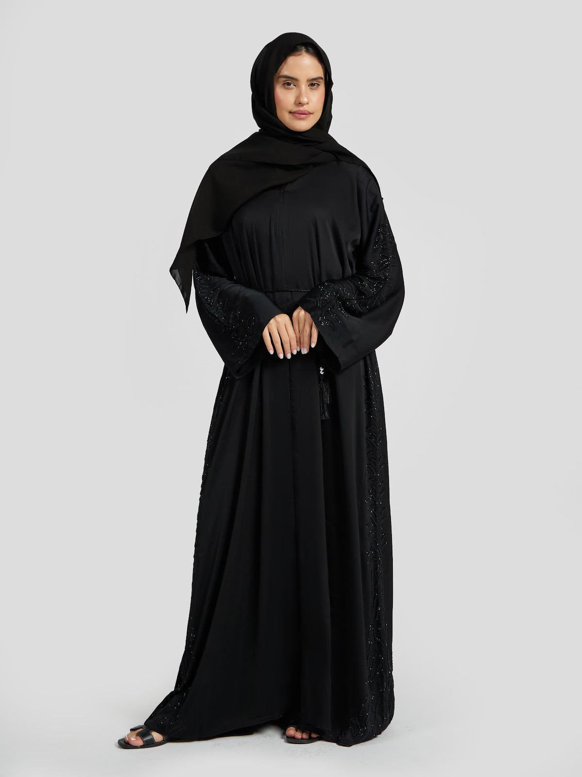 Elegant Black Tone-on-Tone Beaded Abaya - Luxury Modest Evening Gown