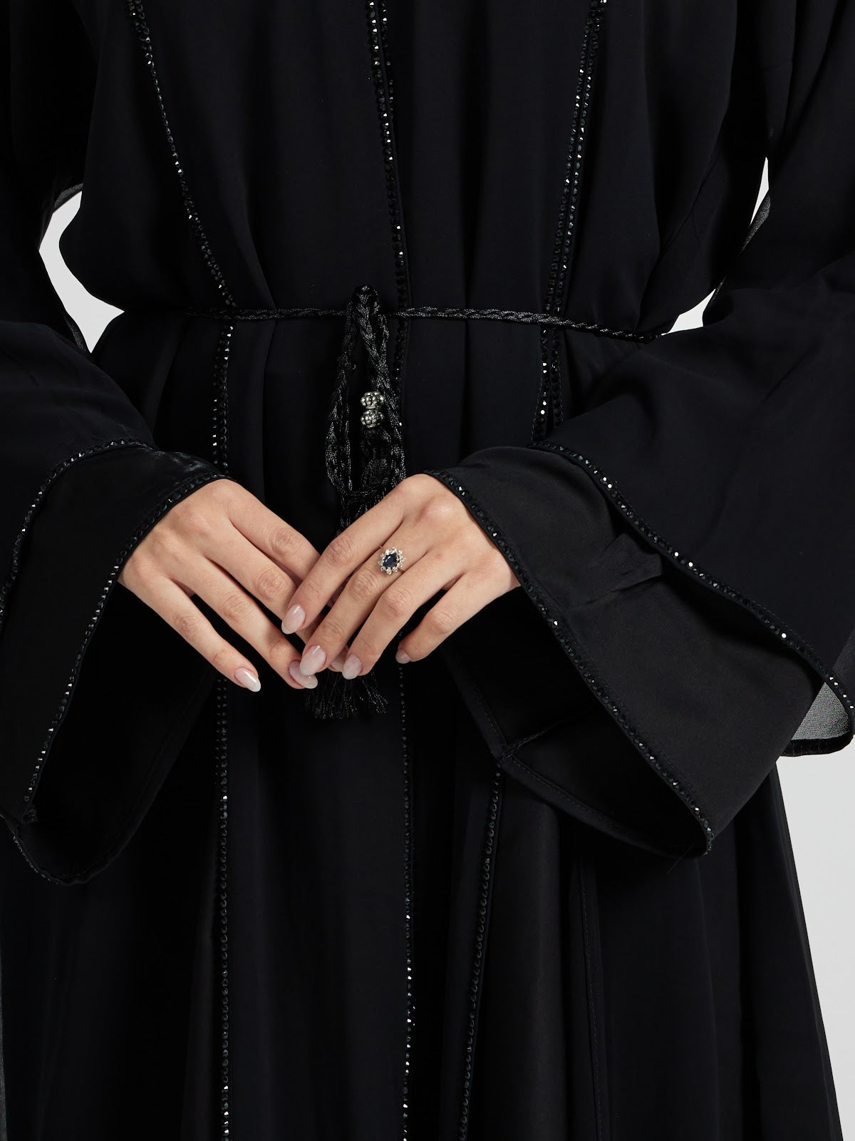 Classic Black Layered Sleeve Abaya with Crystal Trim