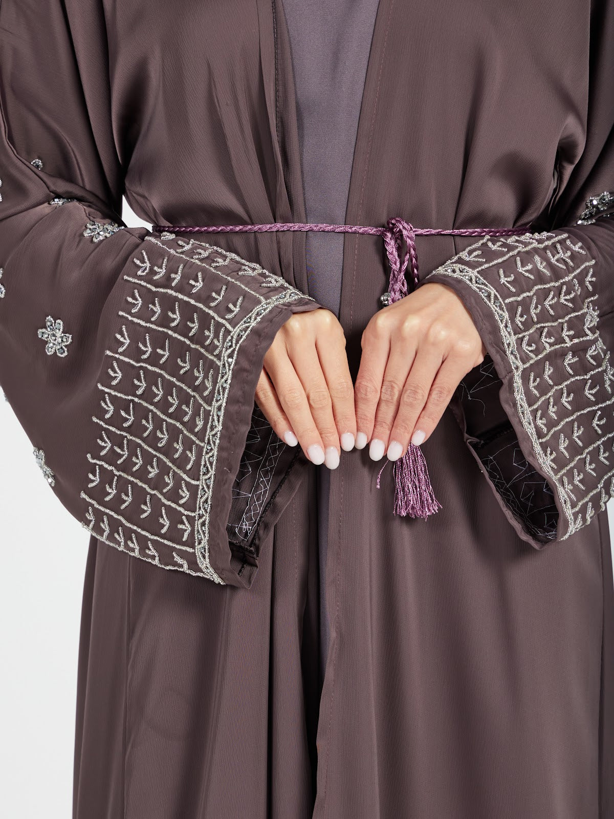 Mauve-Brown Embroidered Abaya with Intricate Cuff Detail