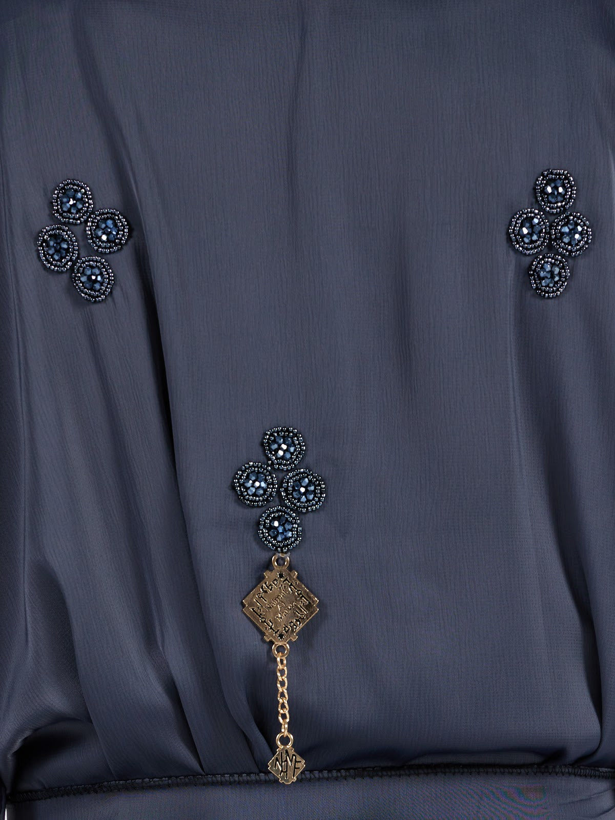 Deep Charcoal Grey Beaded Abaya with Wide Sleeves