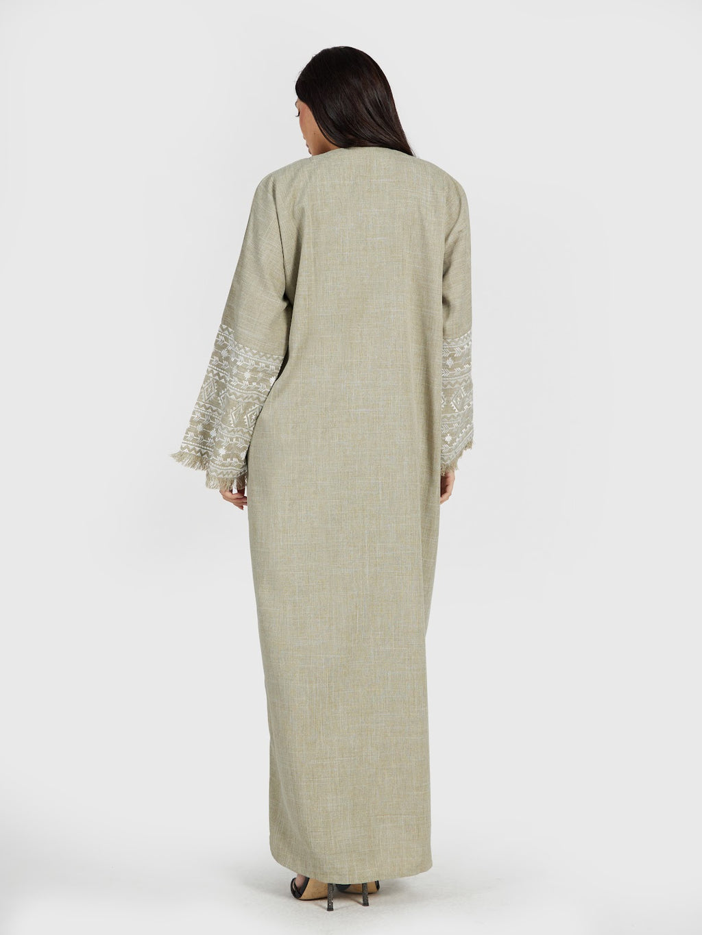 Sage Green Textured Kaftan Abaya with Tribal Sleeve Embroidery