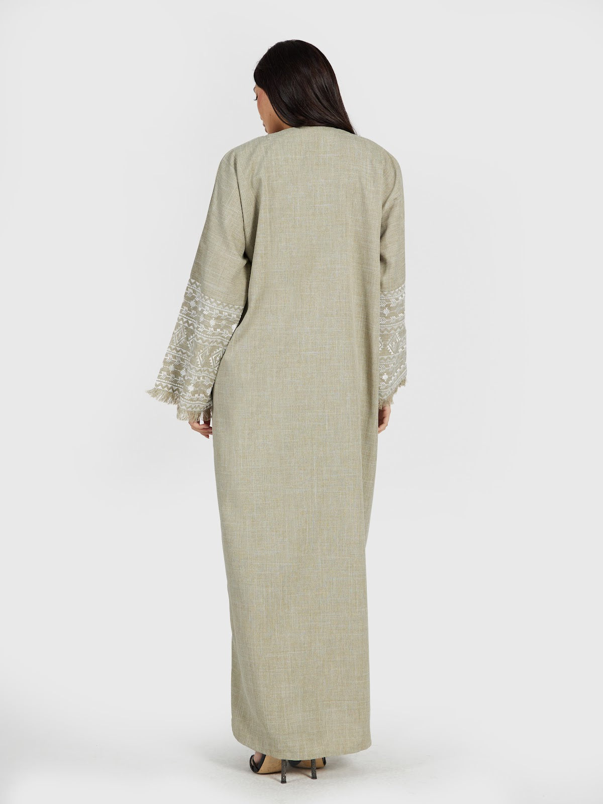 Sage Green Textured Kaftan Abaya with Tribal Sleeve Embroidery