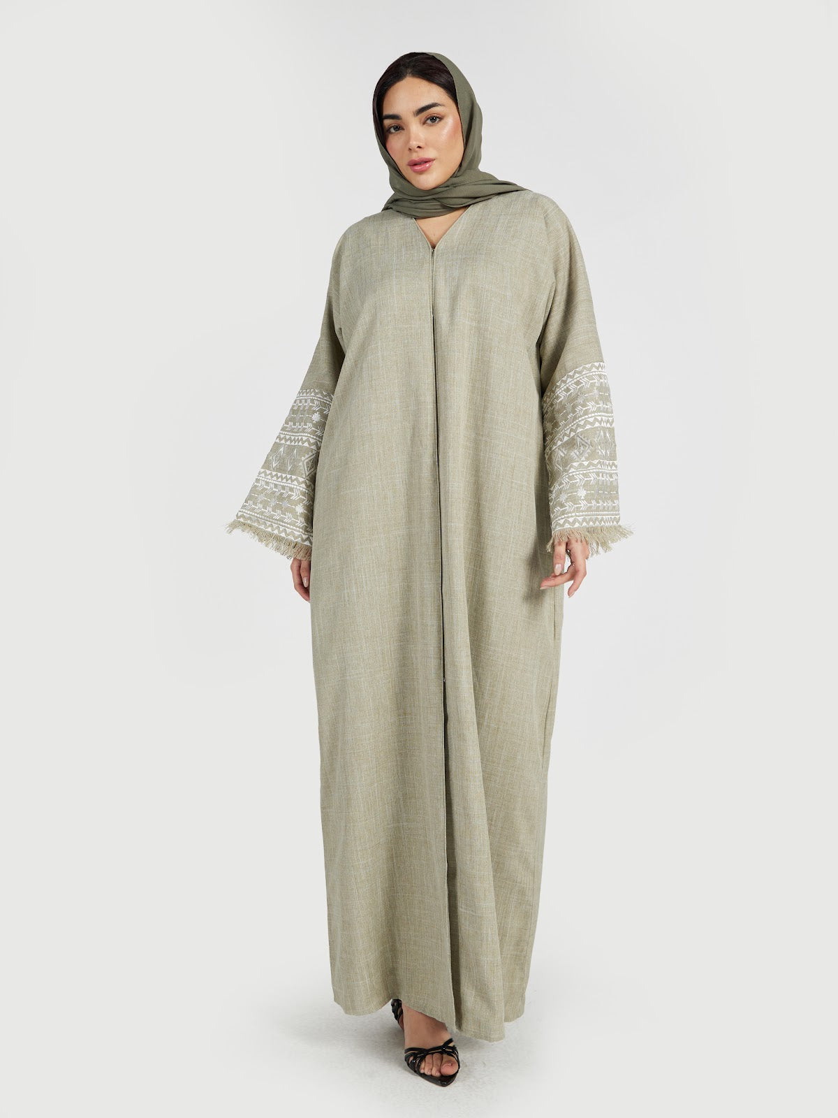 Sage Green Textured Kaftan Abaya with Tribal Sleeve Embroidery