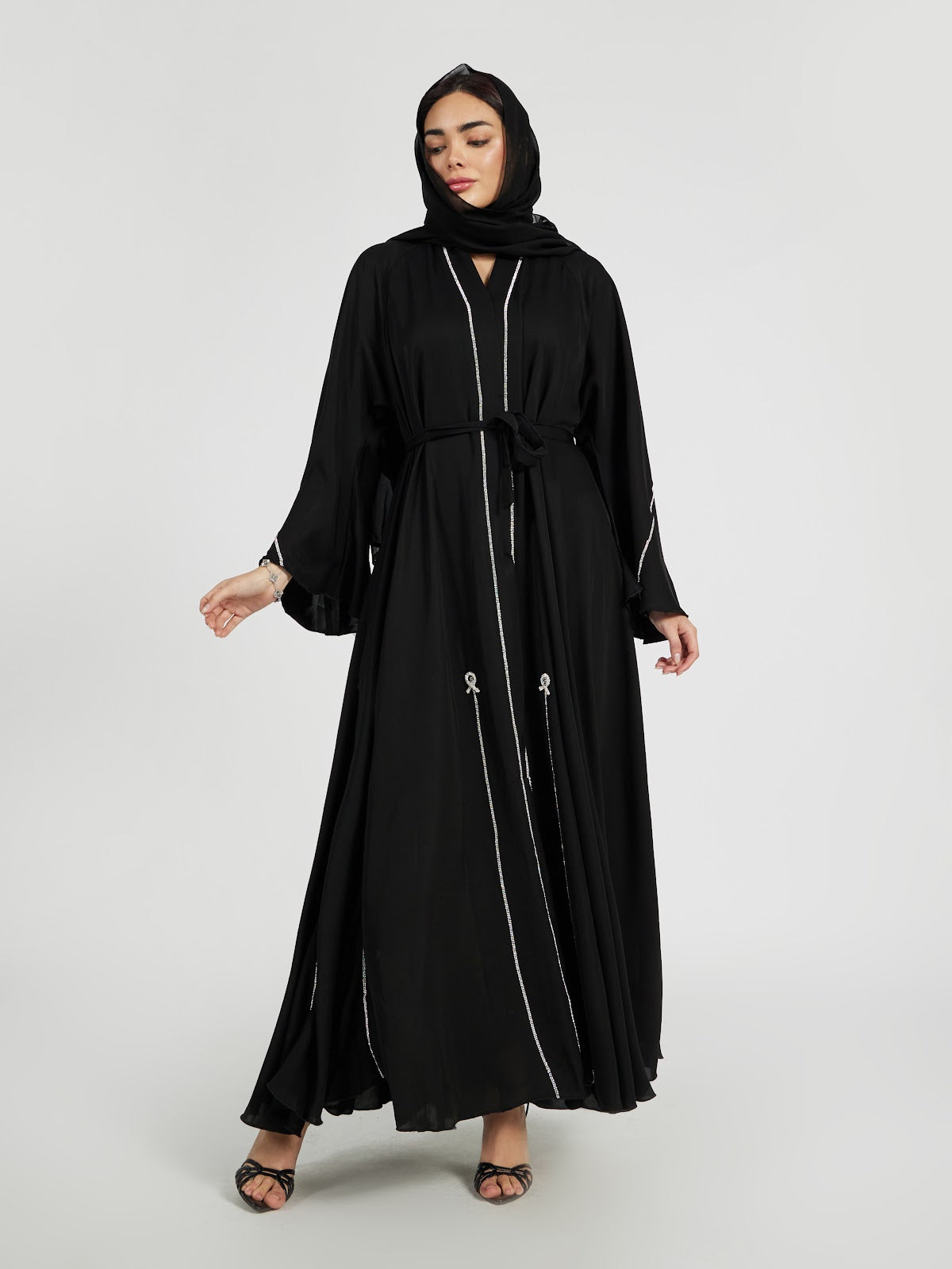 Black Evening Abaya with Vertical Crystal Trims