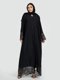 Elegant Black Abaya with Sheer Lace Hem & Beaded Accents