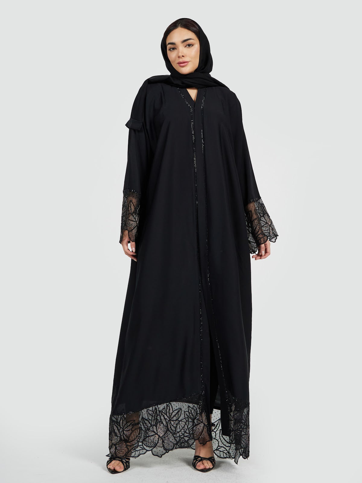 Elegant Black Abaya with Sheer Lace Hem & Beaded Accents