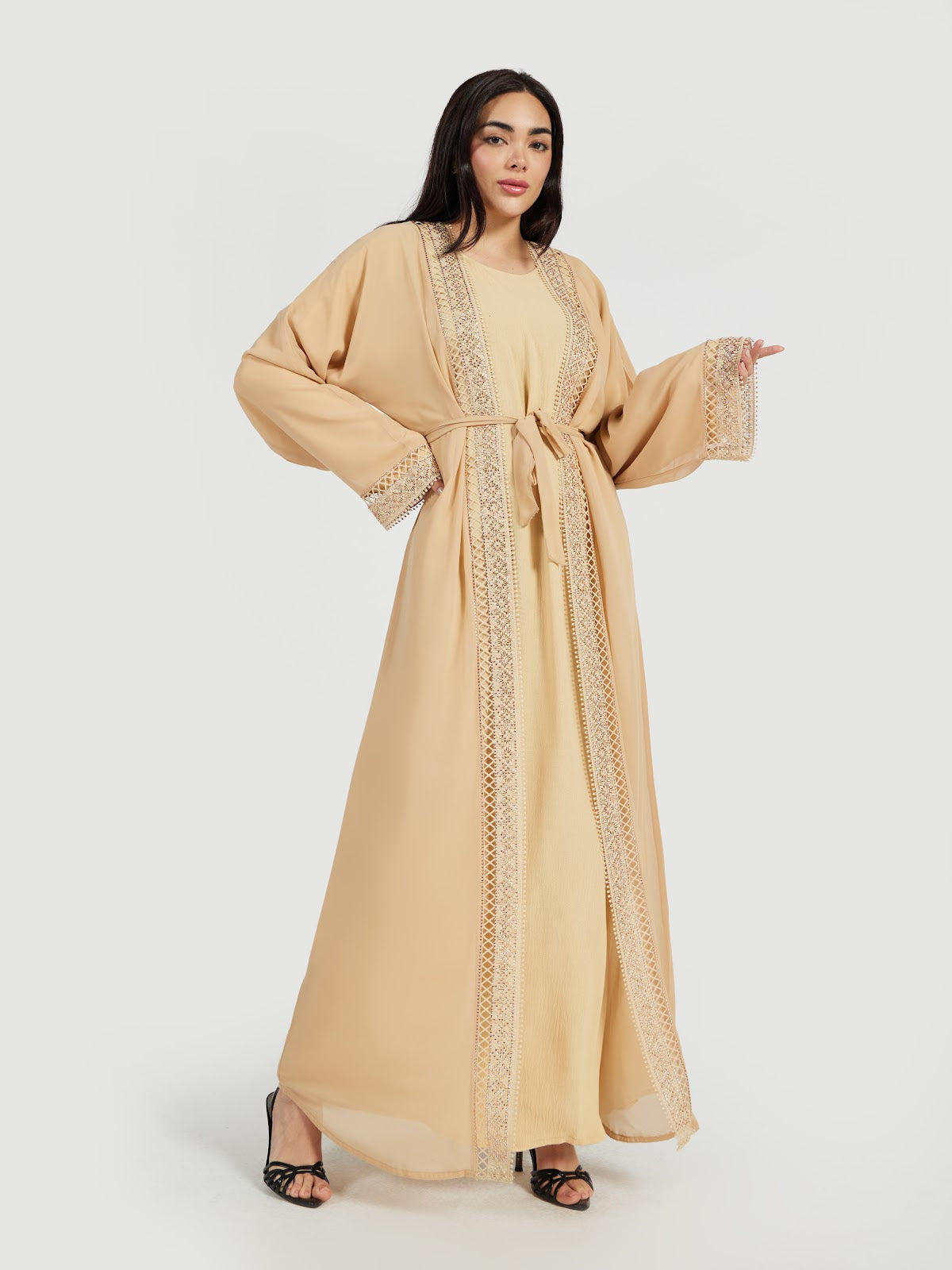 Women's Lattice Lace Trim Abaya with Matching Inner Dress and Hijab - 3 Piece Set