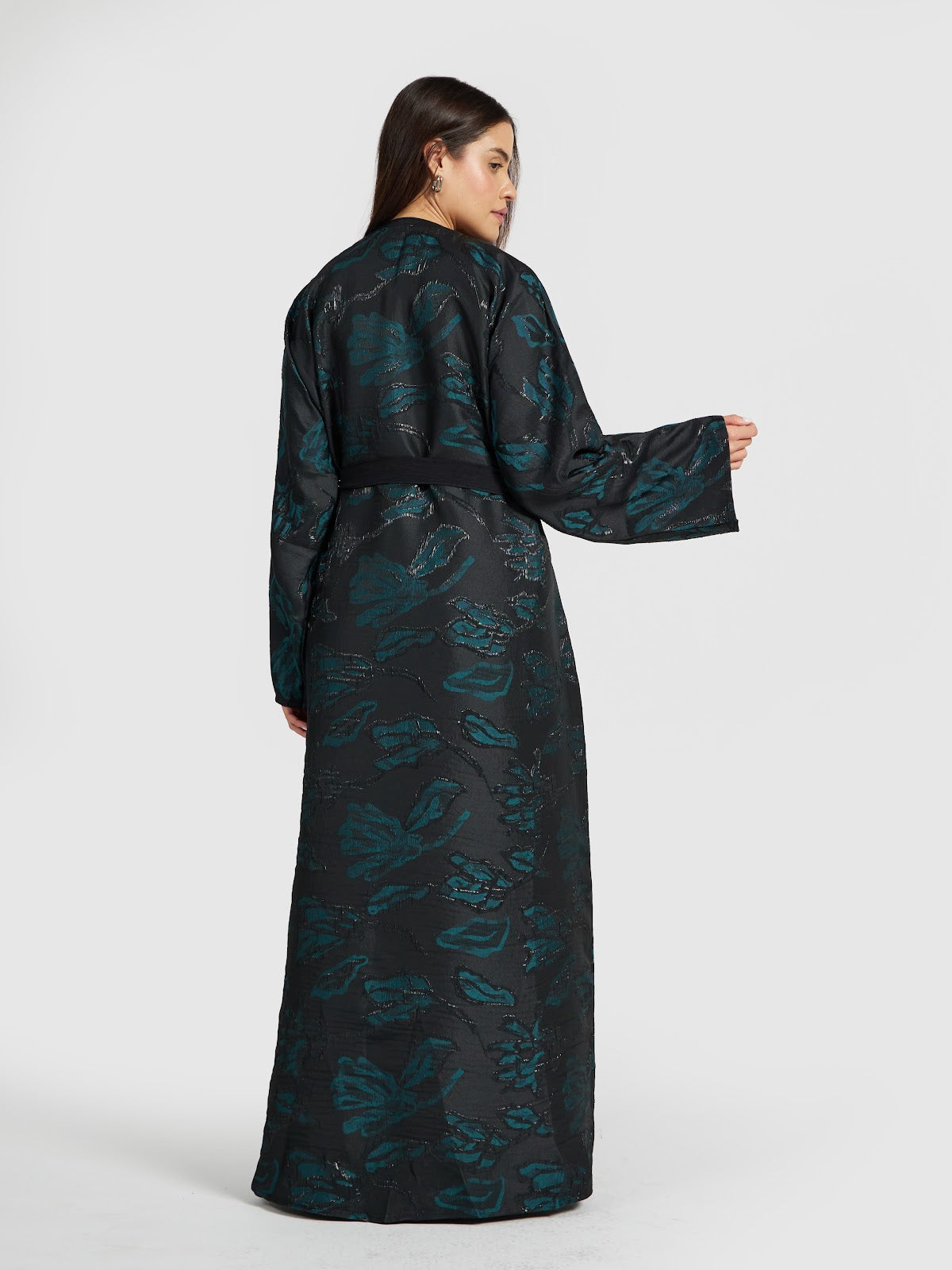 Luxury Jacquard Floral Abaya in Emerald Green and Black
