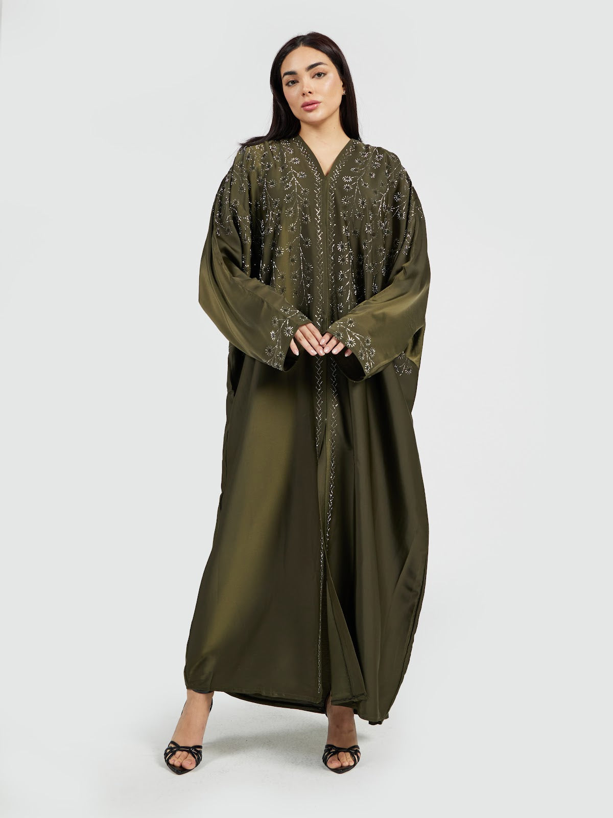 Women's Luxury Olive Green Hand-Embroidered Abaya with Matching Sheila