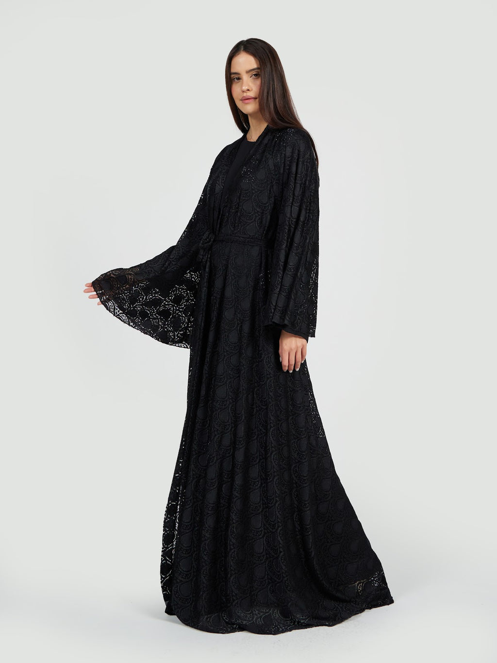 Luxury Black Lace Overlay Abaya with Scalloped Edging