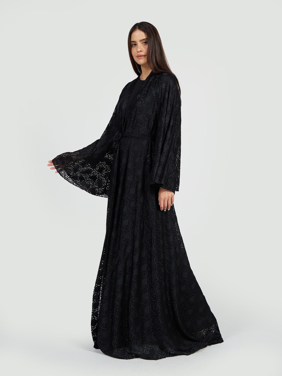 Luxury Black Lace Overlay Abaya with Scalloped Edging
