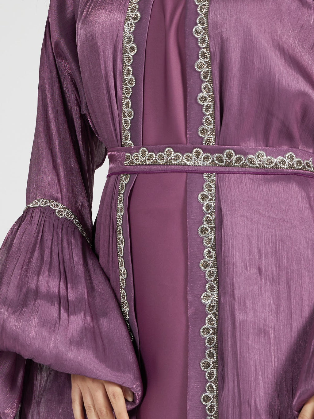 Shimmer Chiffon Bell-Sleeve Abaya Set with Silver Beaded Trim