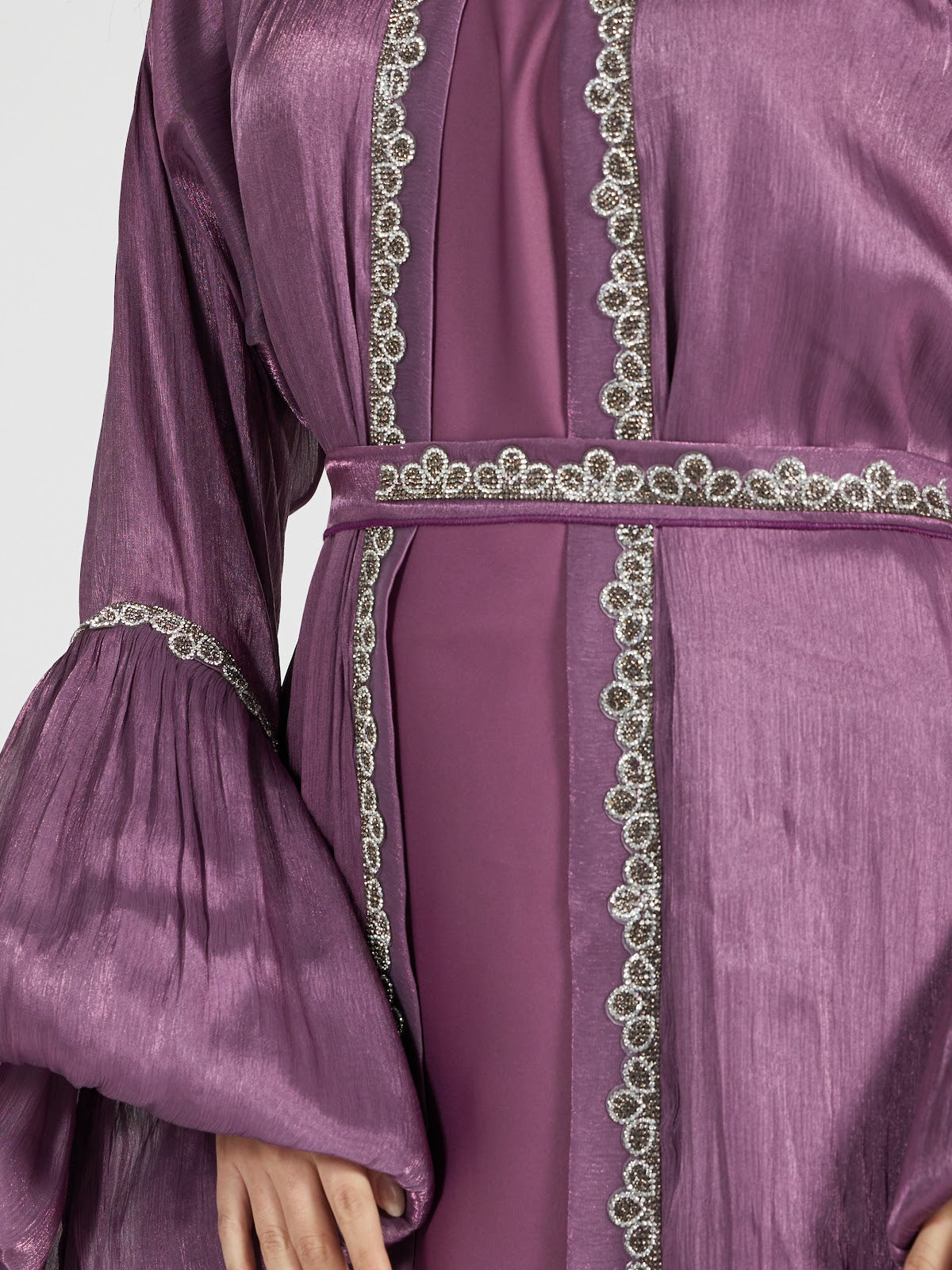 Shimmer Chiffon Bell-Sleeve Abaya Set with Silver Beaded Trim