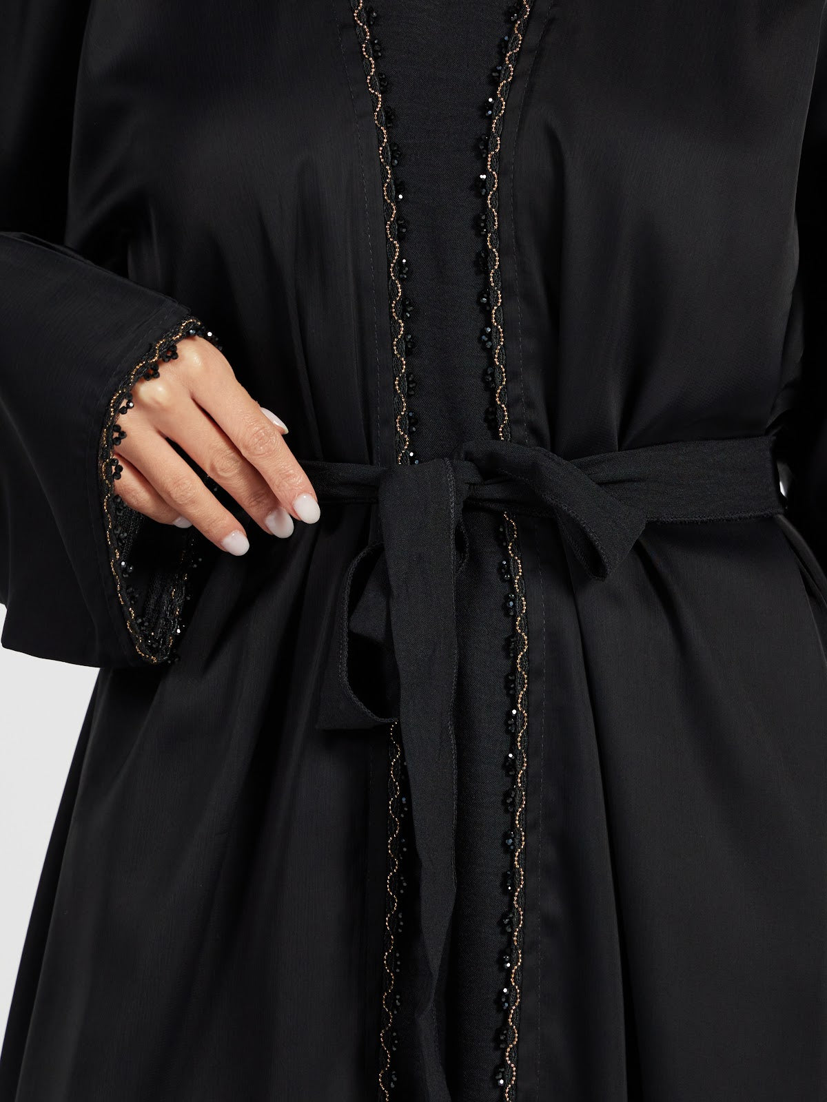 Classic Black Open Front Abaya with Braided Gold Trim & Waist Tie