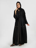 Classic Black Abaya with Gold Beaded Piping & Tassel Details