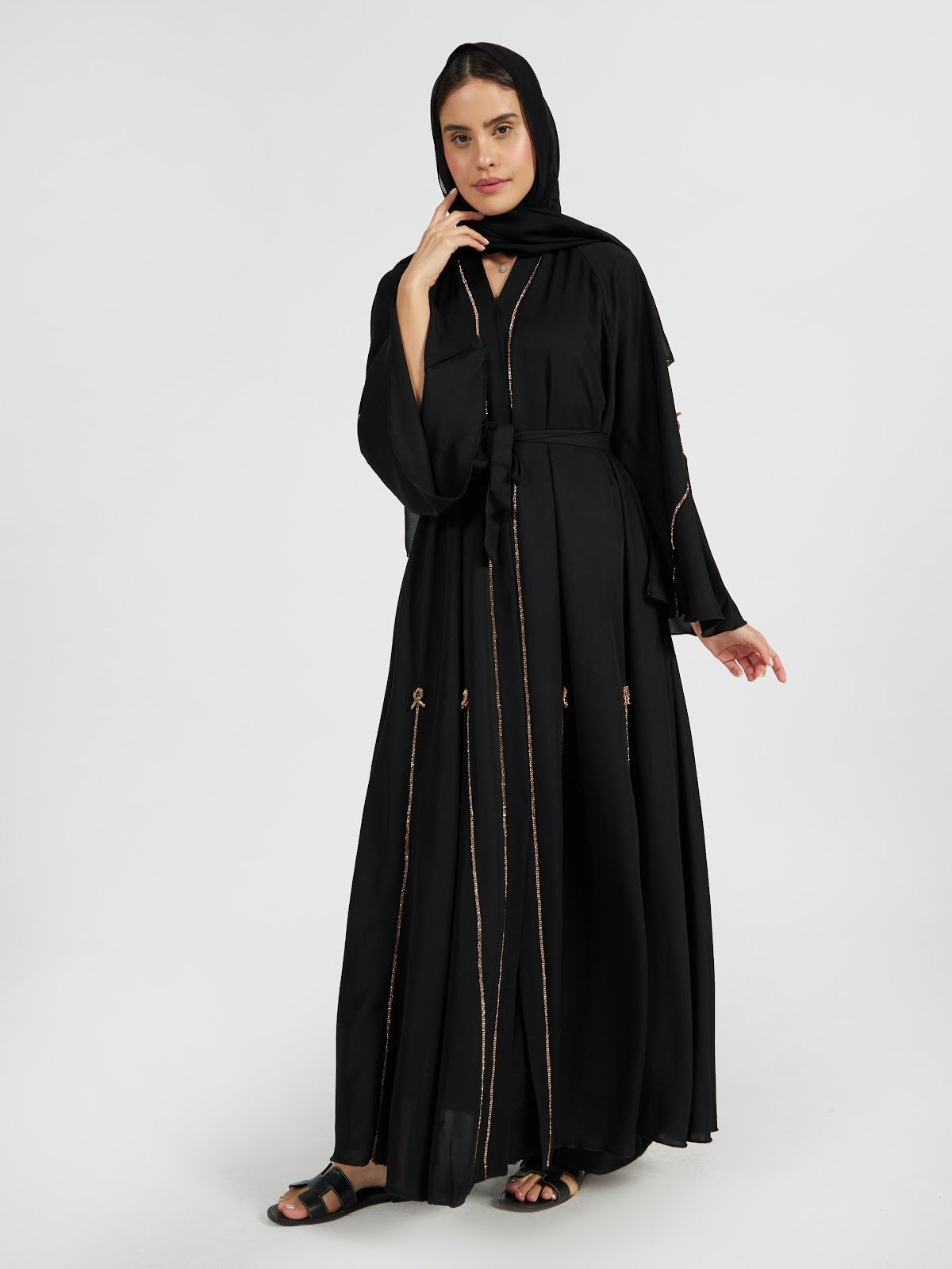 Classic Black Abaya with Gold Beaded Piping & Tassel Details