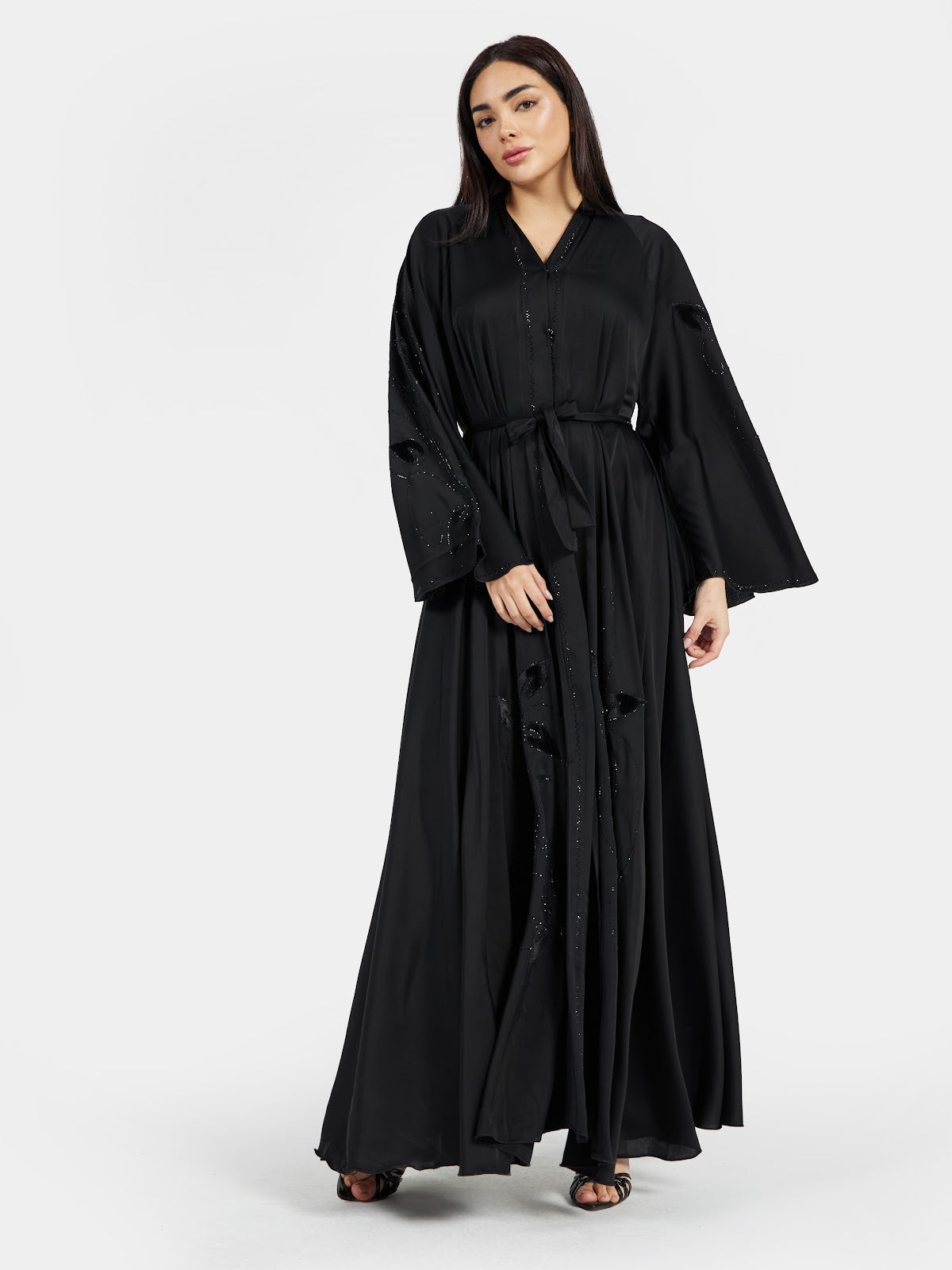 Classic Black Belted Abaya with Tonal Embroidery and Crystals
