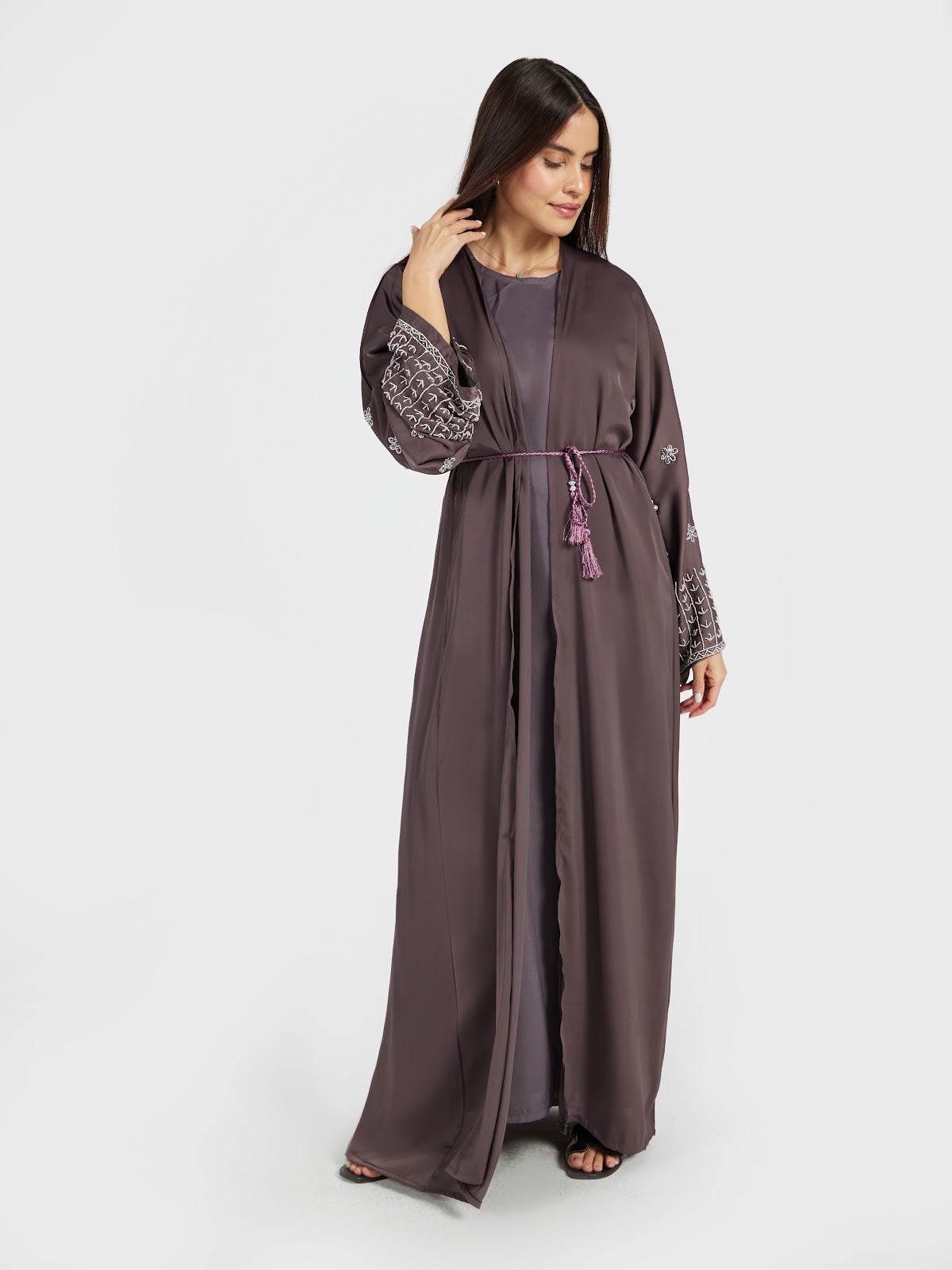 Mauve-Brown Embroidered Abaya with Intricate Cuff Detail
