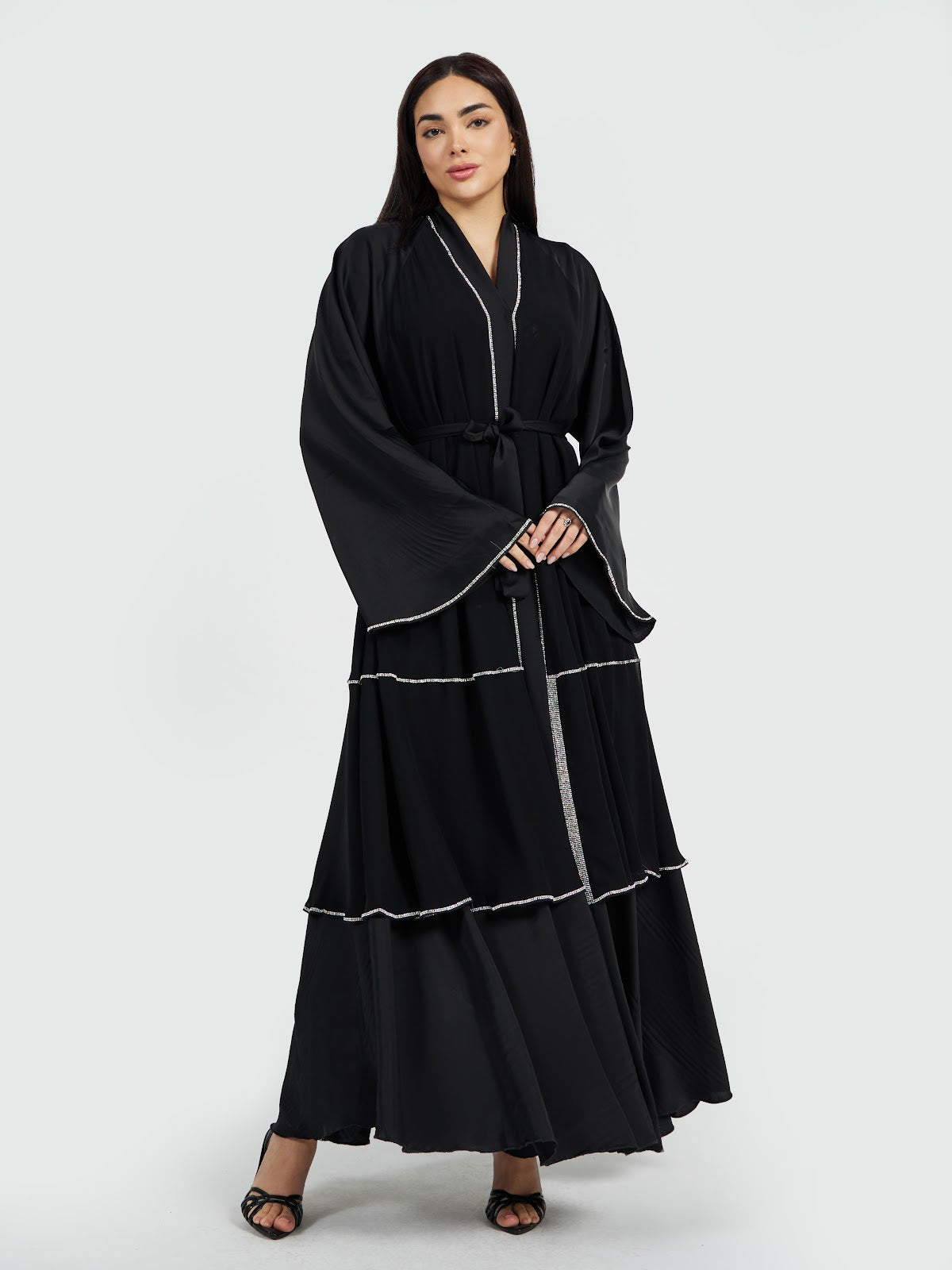 Black Multi-Tiered Abaya with Silver Accents