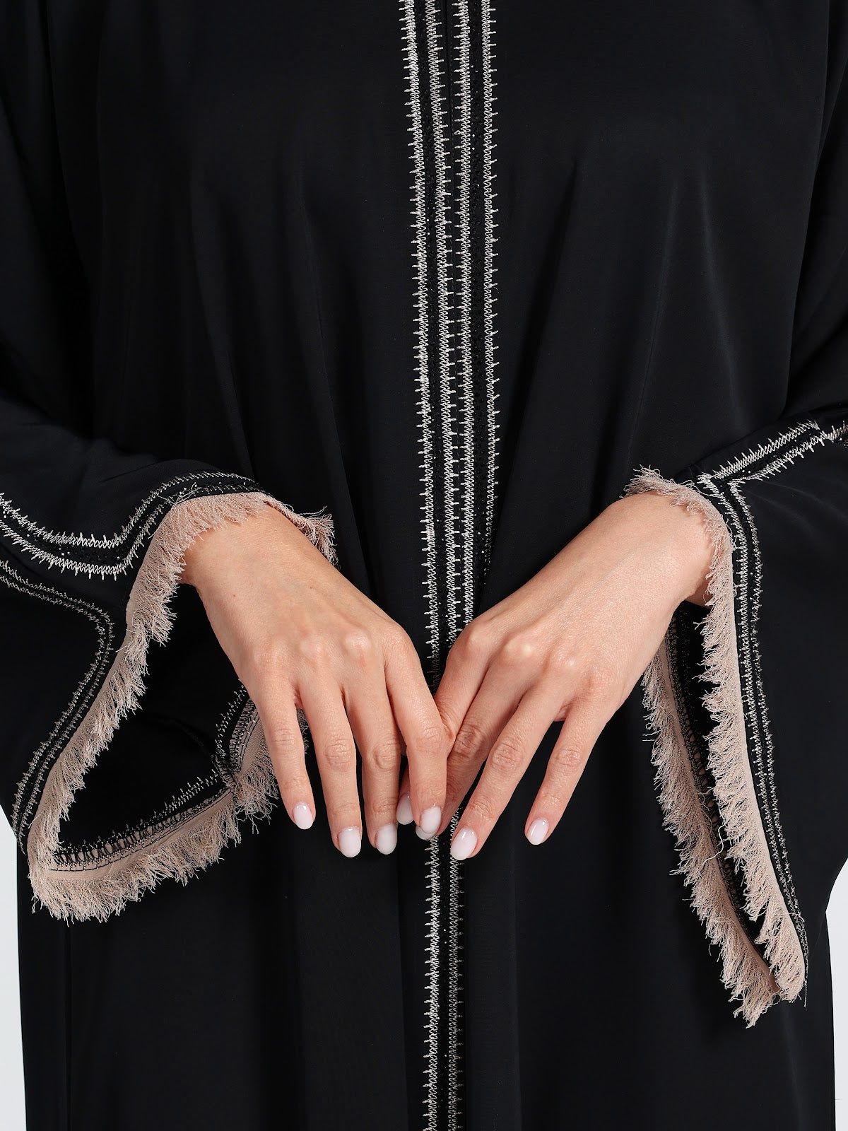 Sophisticated Black Abaya with White Contrast Stitching & Fringed Cuffs