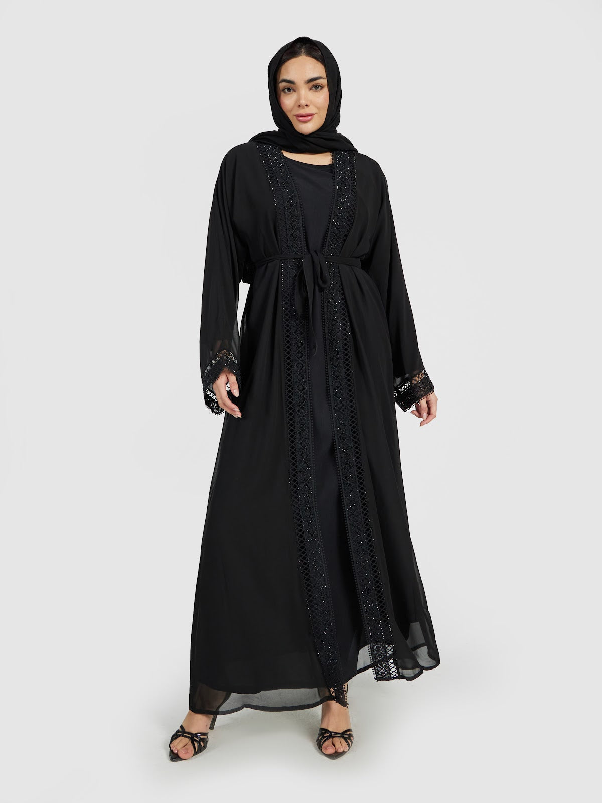 Formal Black Open Abaya Set with Sequin Lace Border and Inner Dress