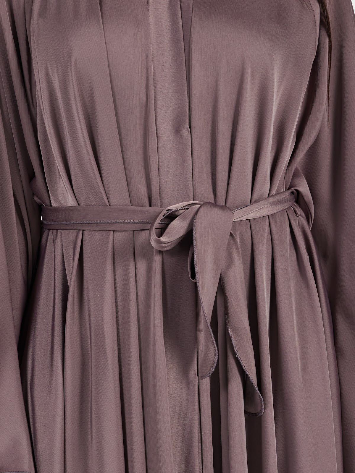 Mauve Taupe Satin Silk Abaya - Sophisticated Flowy Modest Maxi Dress