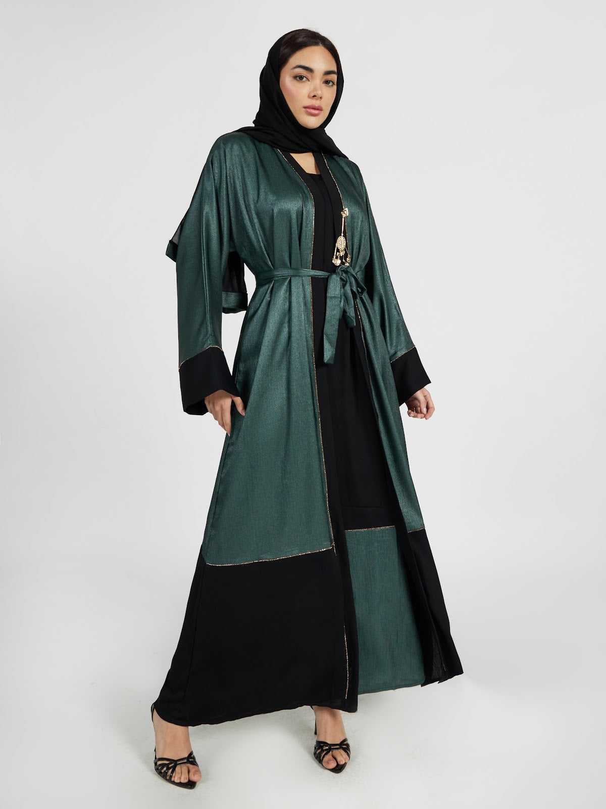 Two-Tone Emerald Green & Black Belted Occasion Abaya