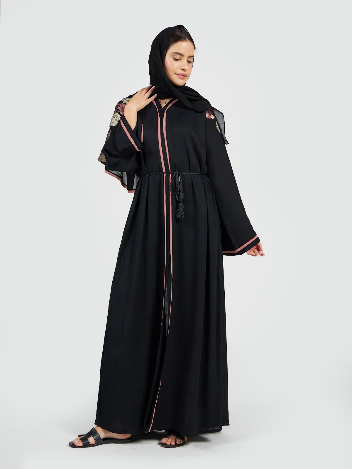 Black Floral Embroidered Abaya with Contrast Piping