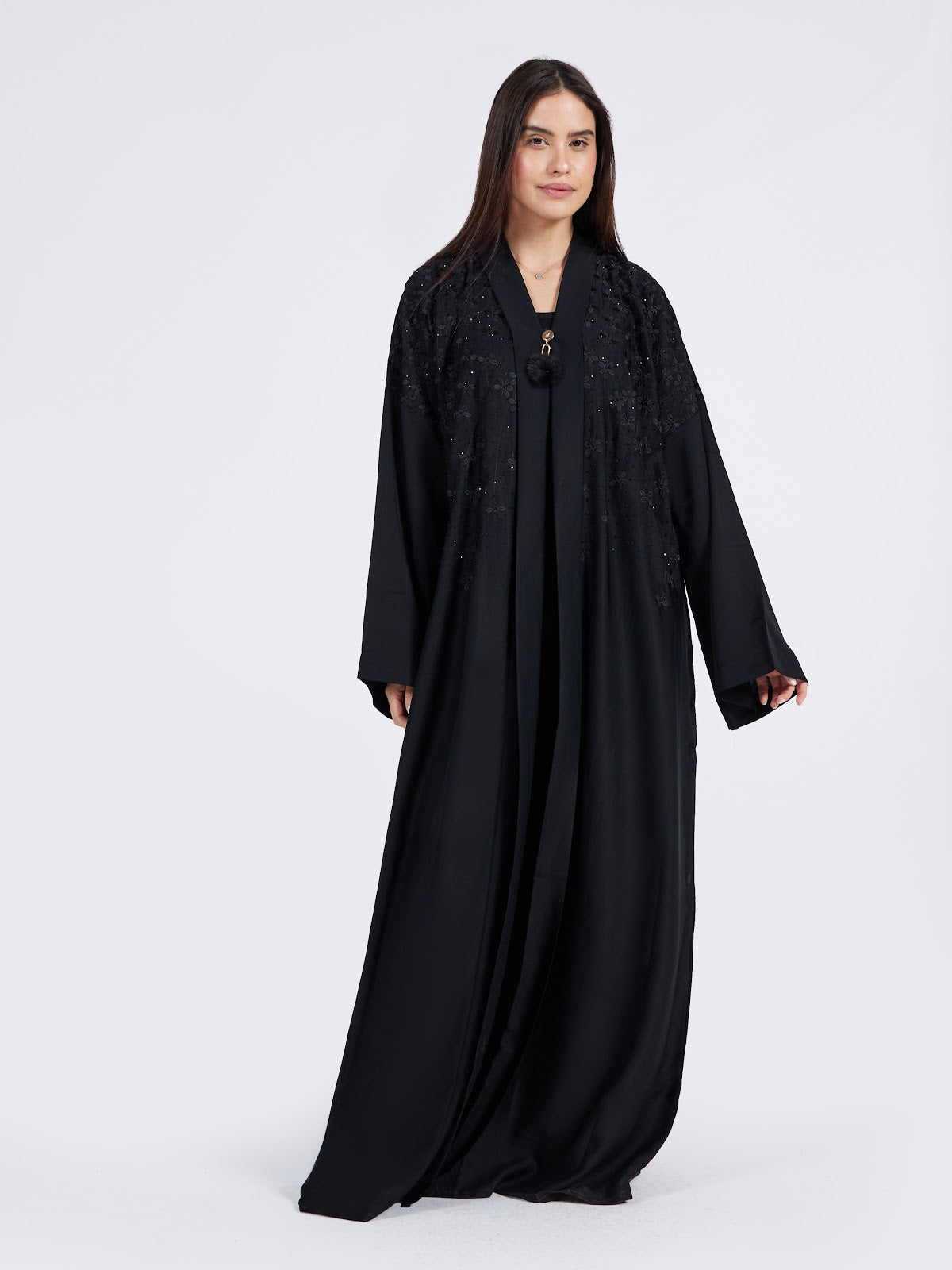 Black Floral Lace Appliqué Formal Abaya