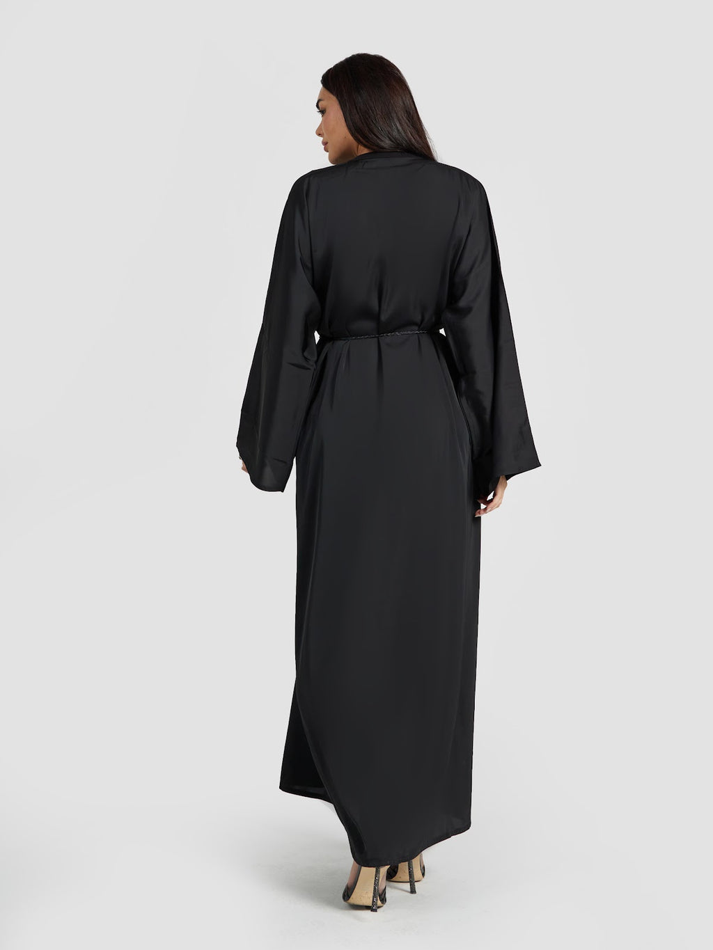 Black Geometric Beaded Abaya with Braided Belt