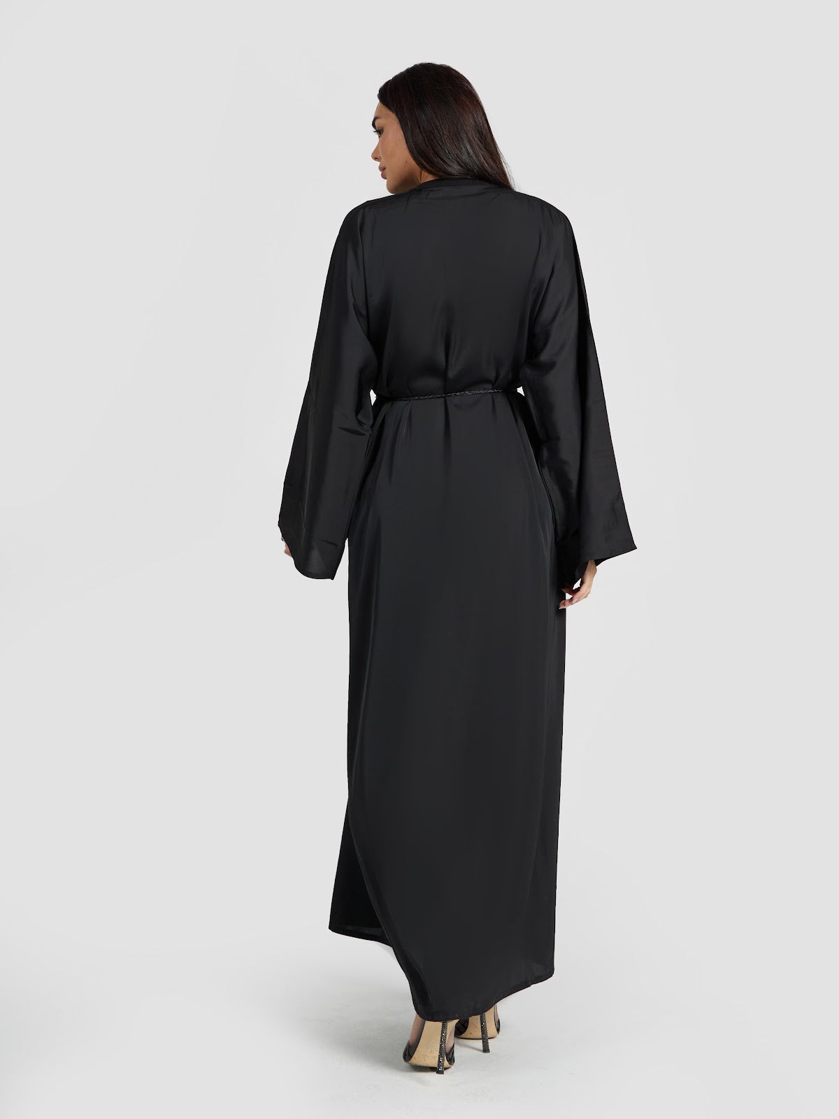 Black Geometric Beaded Abaya with Braided Belt