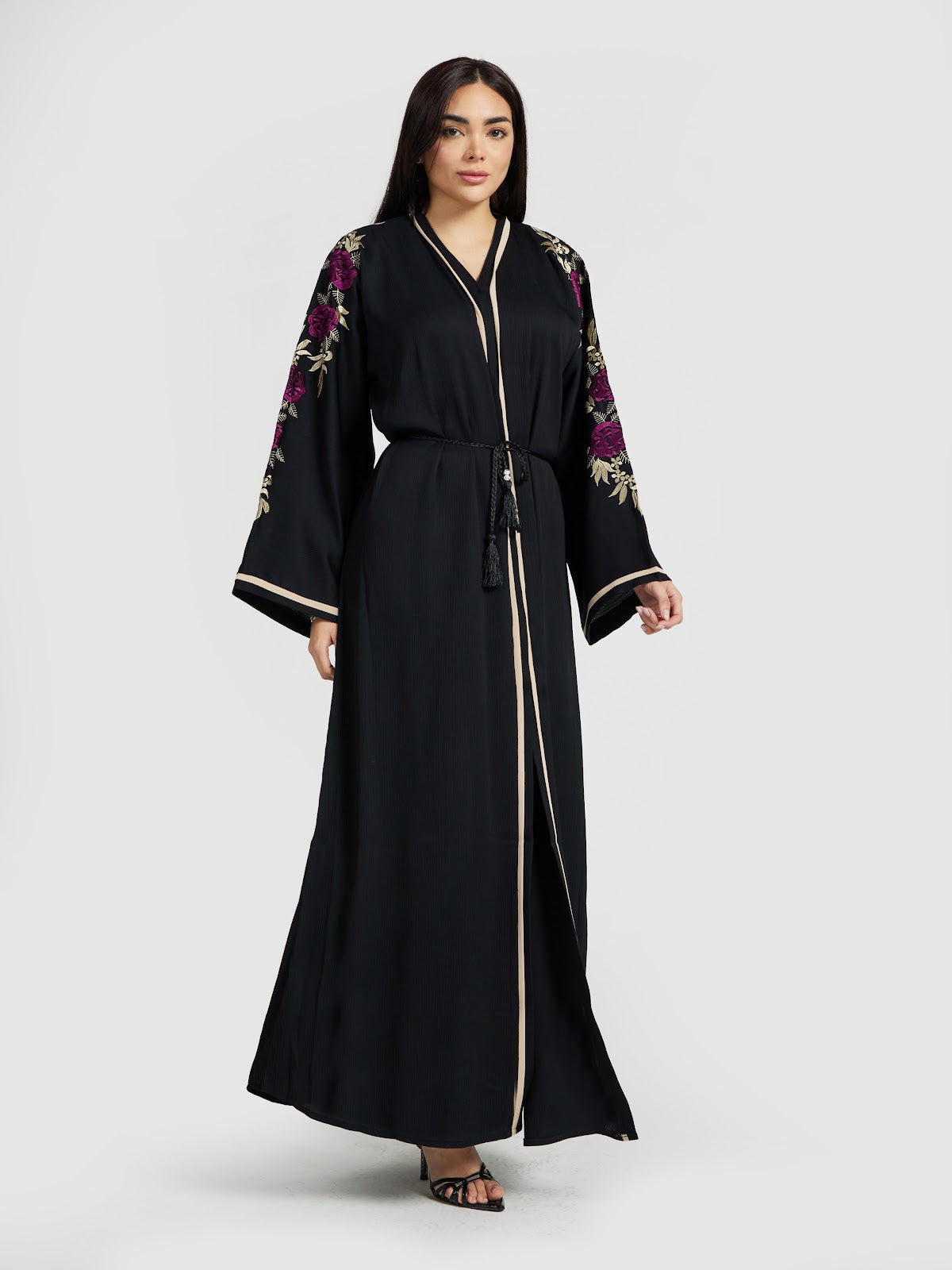 Magenta Rose Embroidered Black Abaya Set