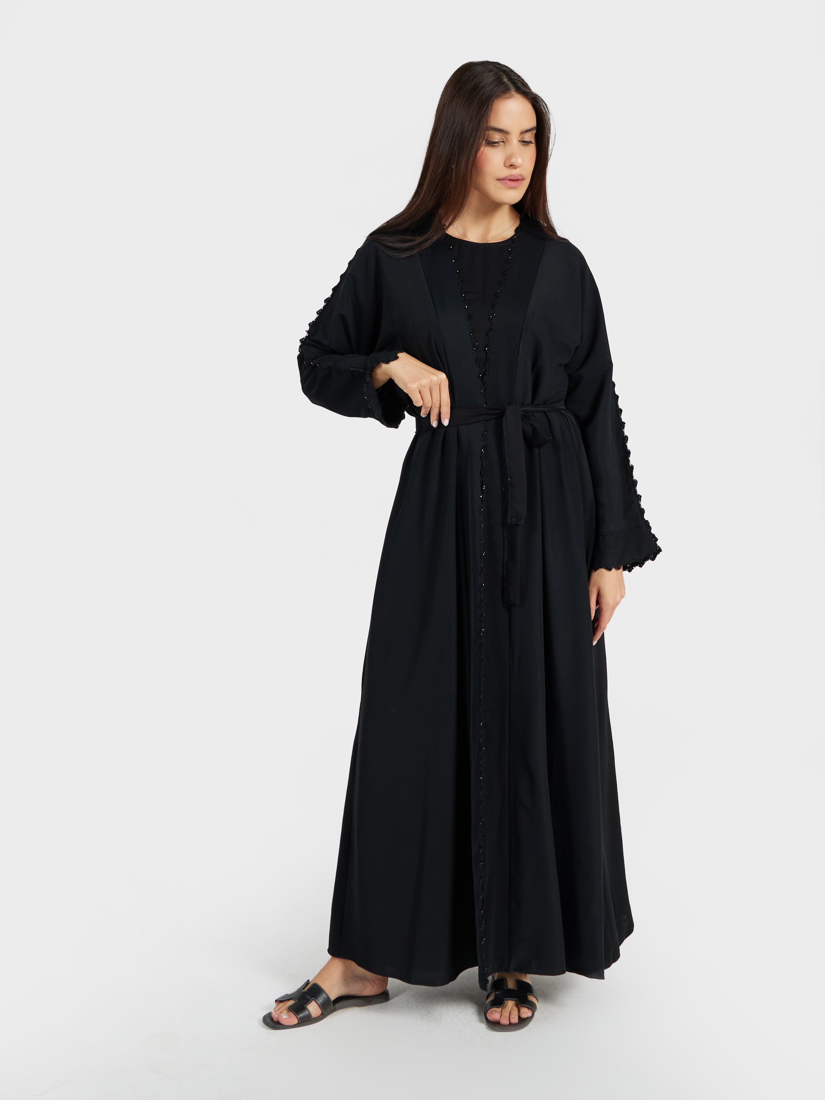 Minimalist Black Abaya with Lace-Trimmed Sleeves