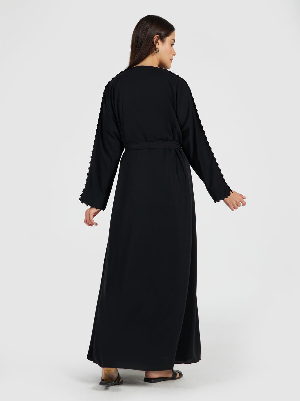 Minimalist Black Abaya with Lace-Trimmed Sleeves